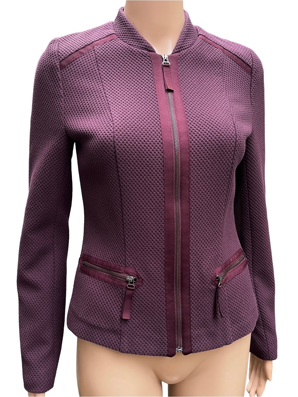 Vintage Olsen Europe Plum Textured Knit Zip Sweater Jacket XS